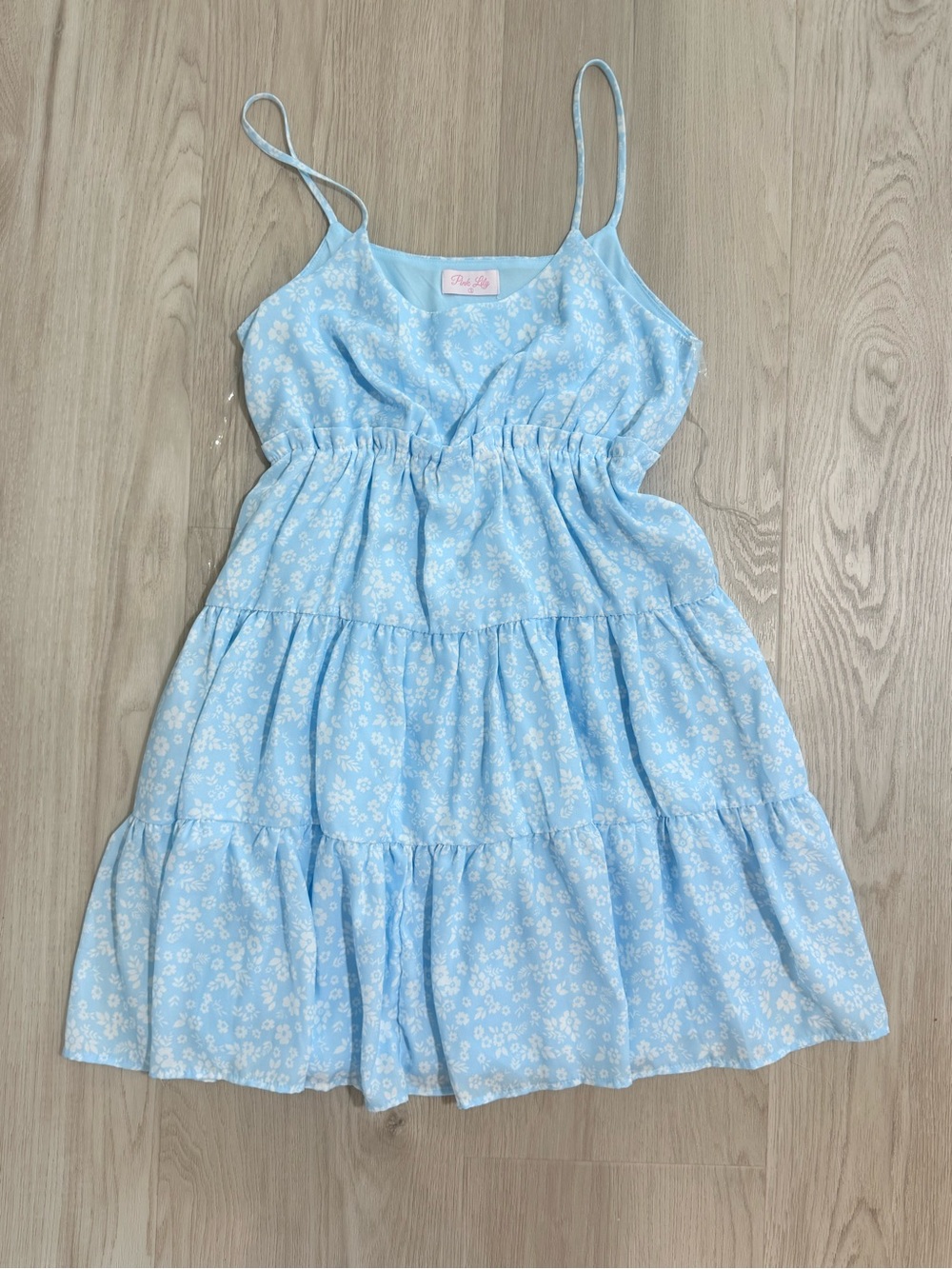 Pink Lily Light Blue Floral Tiered Spaghetti-Strap Dress